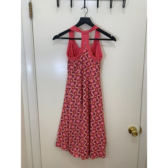 PrAna, Pink/Orange/Purple/White Stretchy Fit-Flare Dress w/ Built-in Bra, Used - Picture 3 of 9